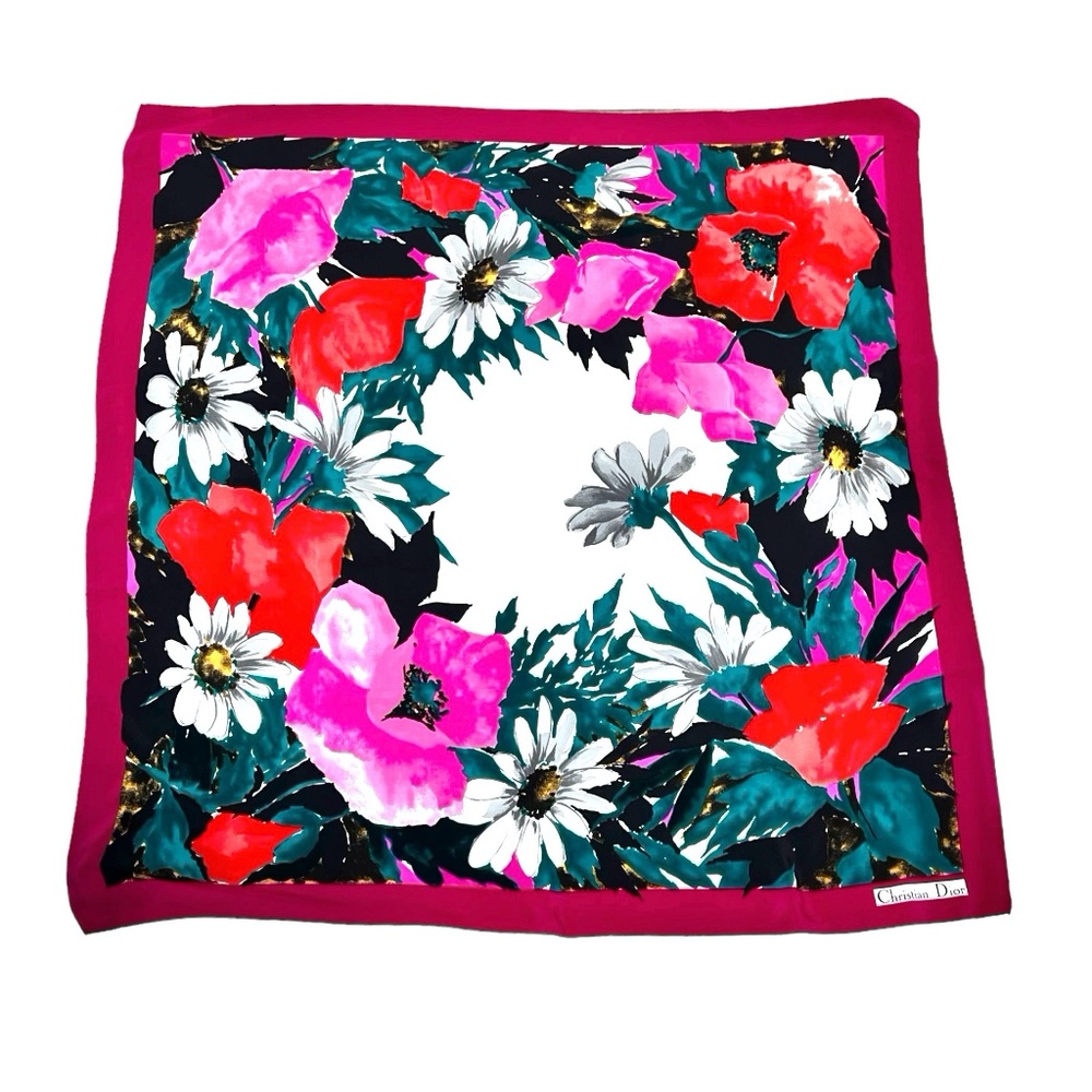 VINTAGE CHRISTIAN DIOR VIBRANT COLORFUL FLORAL SILK SCARF - 34" square